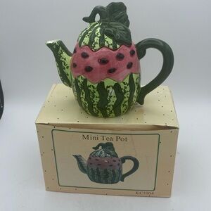 VTG  Cracker Barrel mini Watermelon ceramic Teapot w/ box
